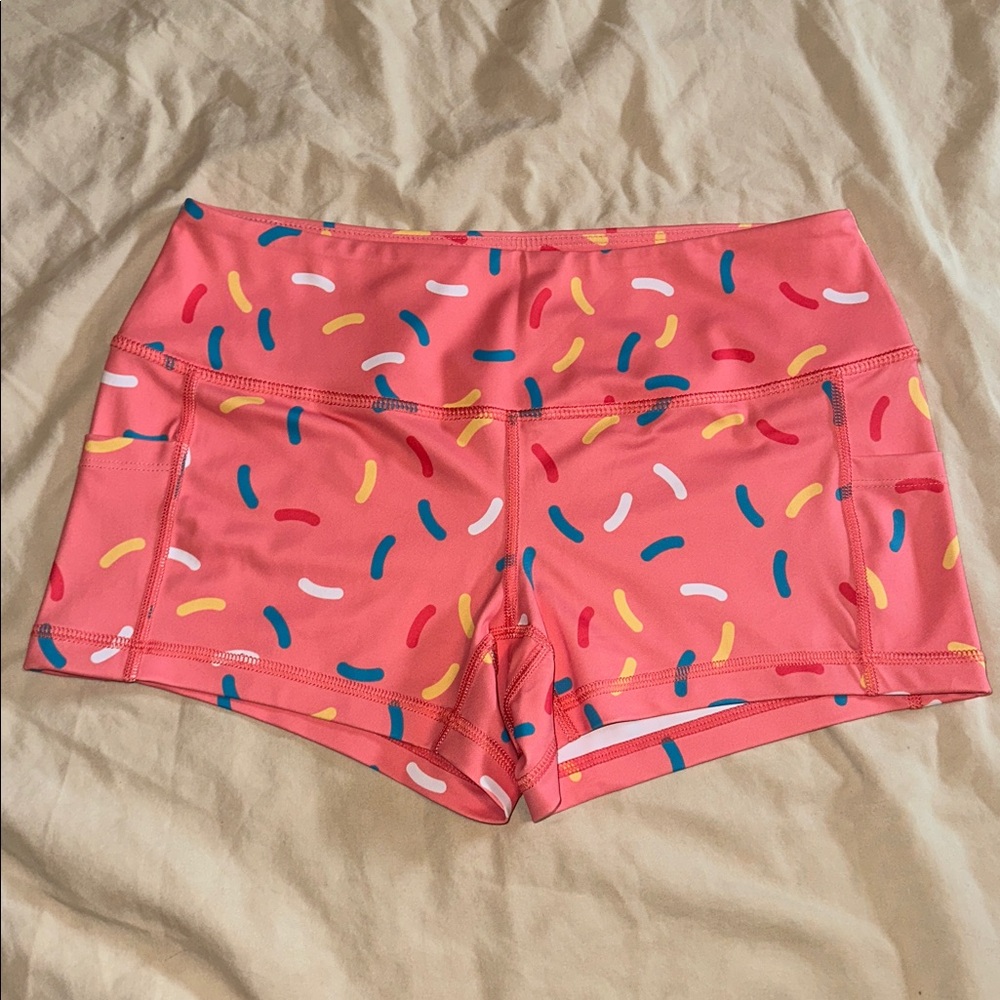 🍩 Feed Me Fight Me 🍩 *NEW* Women's Pink Donut Sprinkle Athletic Workout Shorts - Picture 3 of 12